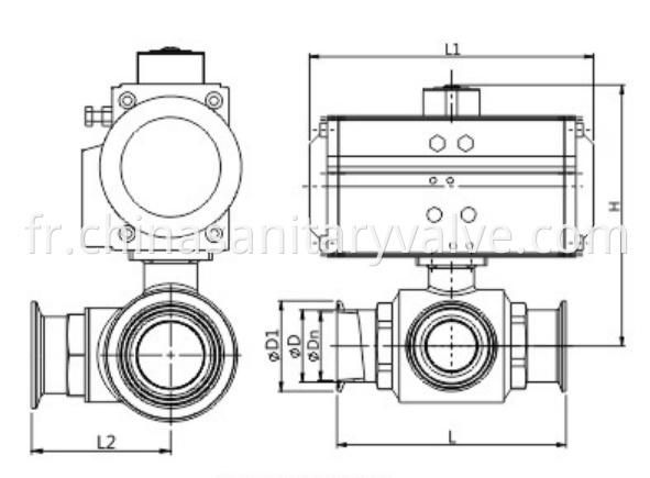 Food grade 3-way hygienic ball valves clamped pneumatic